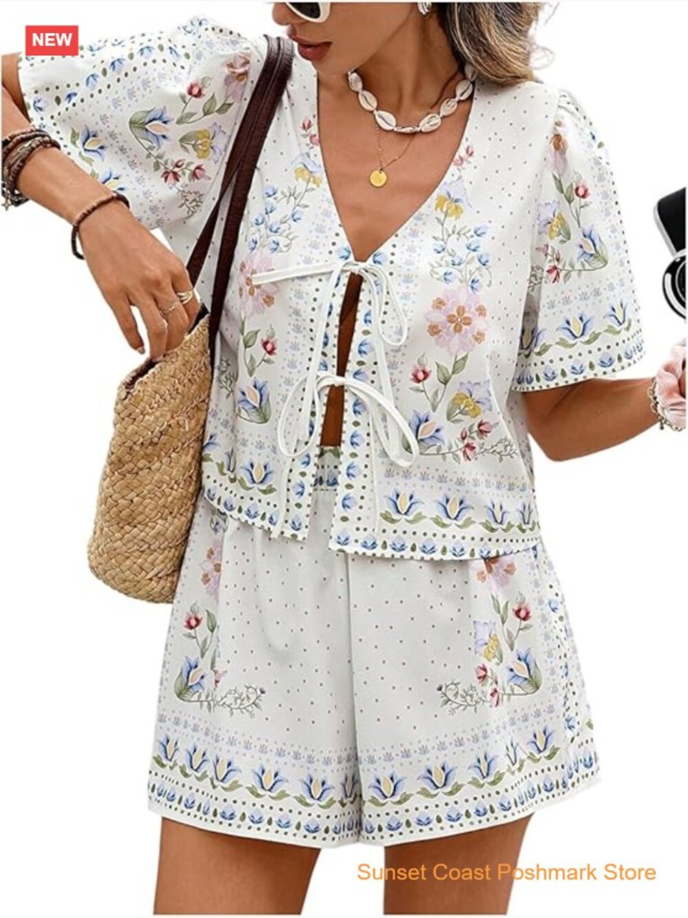 Boho 2 Piece Outfit Floral Tie Front Blouse Shorts Set Vacation Outfits